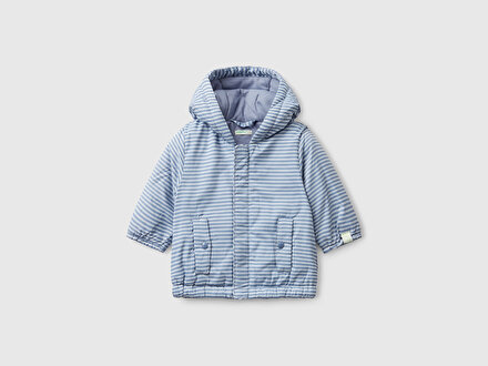 Bebek Mavi Tamamı Desenli Cepli Fermuarlı Kapüşonlu Ceket