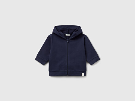 Bebek Lacivert Logo Etiketli Fermuarlı Kulaklı Kapüşonlu Sweatshirt