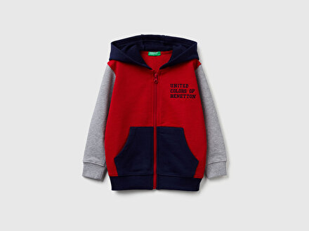 Erkek Bebek Kırmızı-Gri Önü Logo Baskılı Fermuarlı Kapüşonlu Sweatshirt