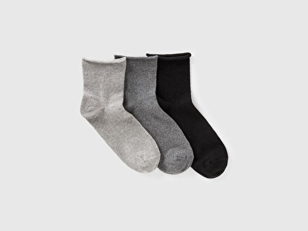 Kadın Gri Mix Pamuk Karışımlı Düz Renk 3'lü Çorap Seti