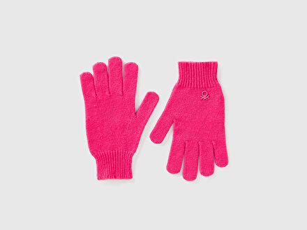 Erkek Çocuk Pembe Yün ve Viskoz Karışımlı Logo Nakışlı Eldiven