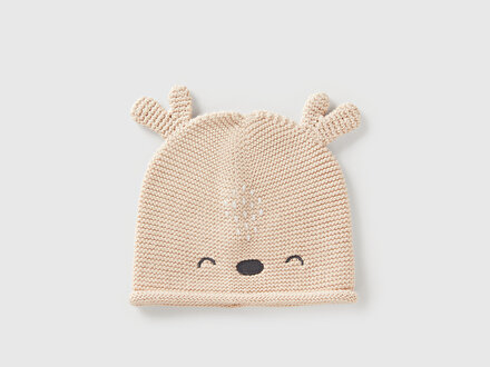 Bebek Taş Rengi Nakışlı Kulaklı Örgü Şapka