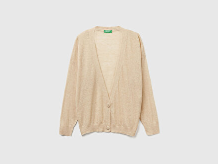 Kadın Ekru Alpaka ve Yün Karışımlı Ribana Detaylı Düğmeli Hırka