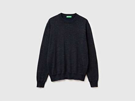 Erkek Lacivert Yün Karışımlı Bisiklet Yaka  Çoklu Renk Efekli Triko