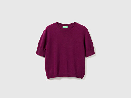 Kadın Mürdüm %100 Merino Bisiklet Yaka  Kısa Kollu Kazak