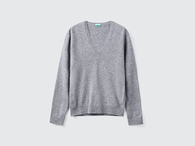 Benetton Kadın Gri Melanj %100 Merino V Yaka  Kazak