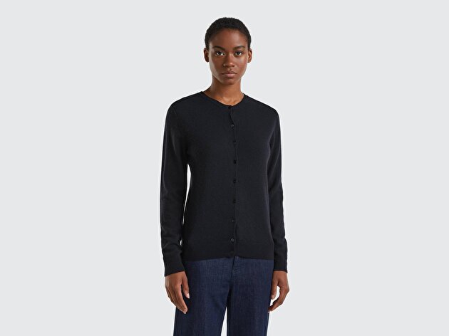 Benetton Kadın Siyah %100 Merino Bisiklet Yaka  Hırka