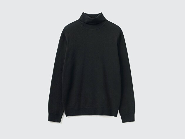 Benetton Erkek Siyah %100 Merino Boğazlı  Kazak