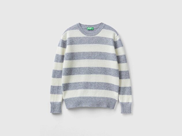 Benetton Kadın Gri Melanj %100 Yün Çizgili Shetland Kazak