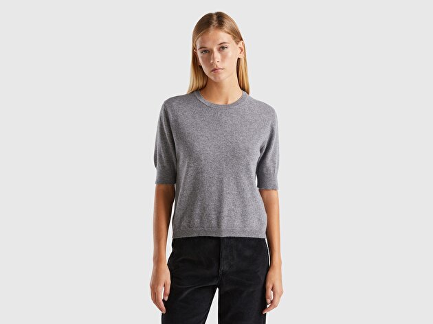 Benetton Kadın Antrasit Melanj %100 Merino Bisiklet Yaka  Kısa Kollu Kazak