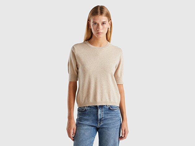 Benetton Kadın Ekru %100 Merino Bisiklet Yaka  Kısa Kollu Kazak