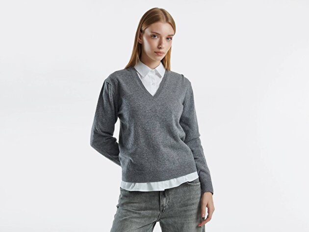 Benetton Kadın Antrasit Melanj %100 Merino V Yaka  Kazak