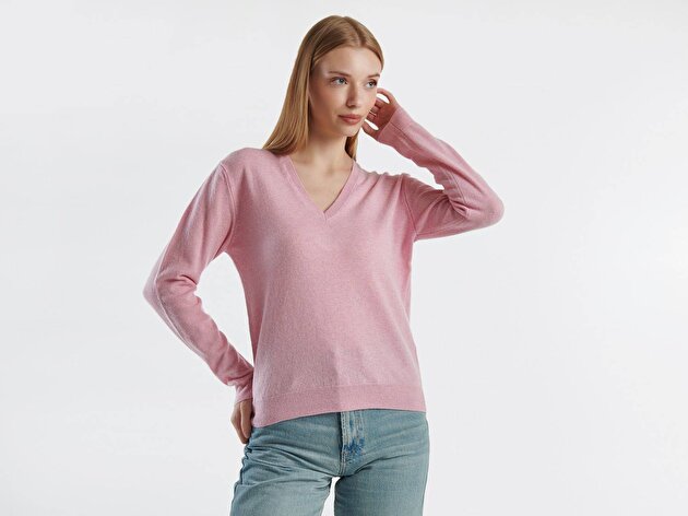 Benetton Kadın Açık Pembe %100 Merino V Yaka  Kazak