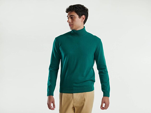Benetton Erkek Yeşil %100 Merino Boğazlı  Kazak