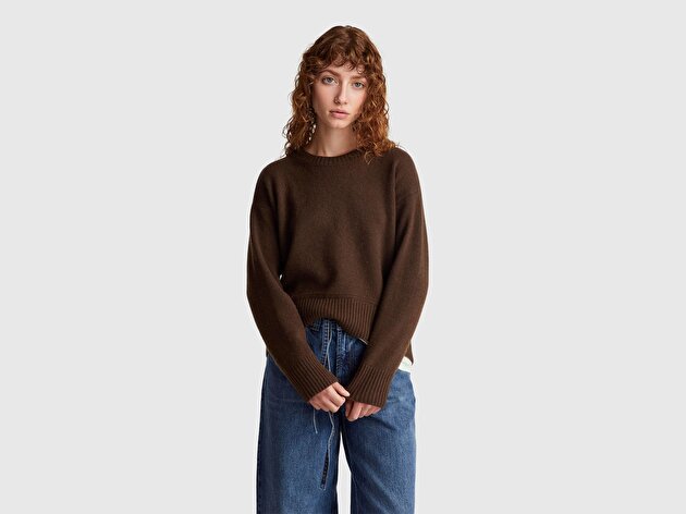 Benetton Kadın Koyu Kahverengi Yün Karışımlı Alt Kısmı Geniş Bisiklet Yaka Kazak