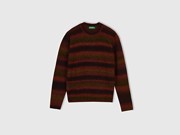 Benetton Erkek Kırmızı Desenli Yün ve Alpaka Karışımlı Desenli Bisiklet Yaka Kazak