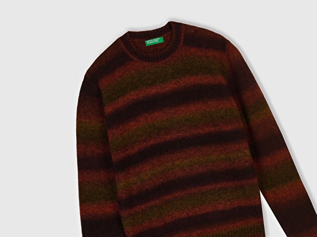 Benetton Erkek Kırmızı Desenli Yün ve Alpaka Karışımlı Desenli Bisiklet Yaka Kazak