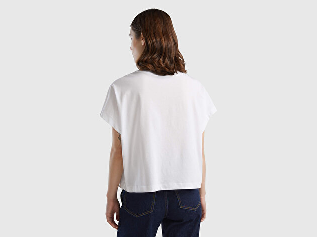 Benetton Kadın Beyaz %100 Pamuk Kimono Kol Detaylı Bisiklet Yaka T-Shirt