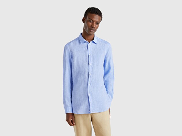Benetton Erkek Açık Mavi %100 Keten Gömlek