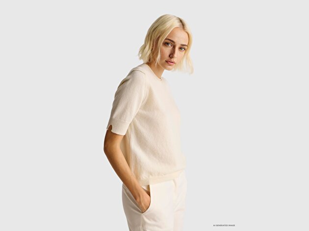 Benetton Kadın Krem %100 Merino Bisiklet Yaka  Kısa Kollu Kazak