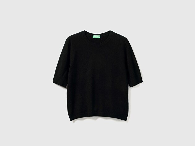 Benetton Kadın Siyah %100 Merino Bisiklet Yaka  Kısa Kollu Kazak