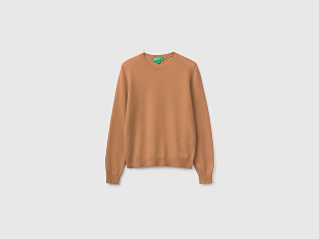 Benetton Kadın Taba %100 Merino Bisiklet Yaka Kazak