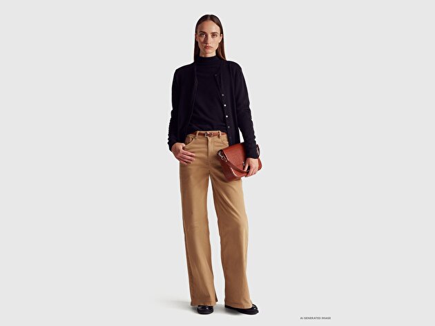 Benetton Kadın Siyah %100 Merino Bisiklet Yaka  Hırka