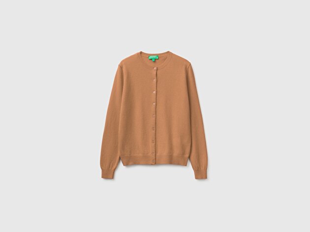 Benetton Kadın Taba %100 Merino Bisiklet Yaka  Hırka