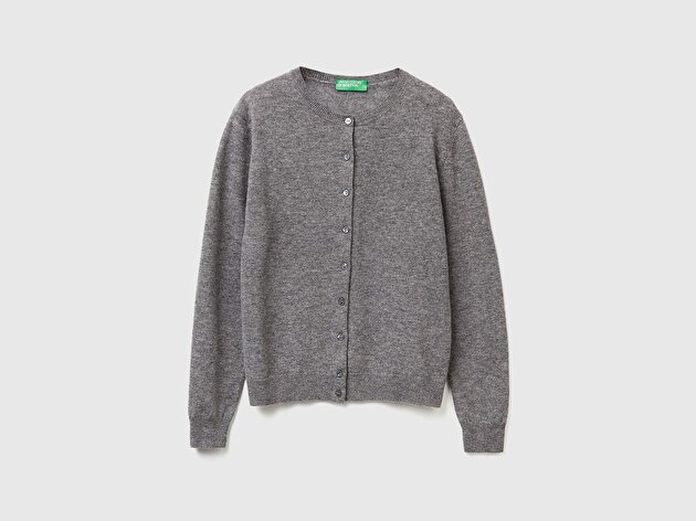 Benetton Kadın Antrasit Melanj %100 Merino Bisiklet Yaka  Hırka