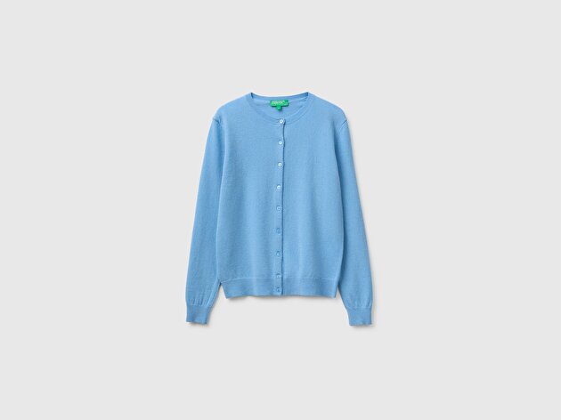 Benetton Kadın Mavi %100 Merino Bisiklet Yaka  Hırka