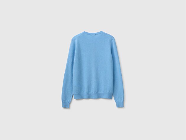 Benetton Kadın Mavi %100 Merino Bisiklet Yaka  Hırka