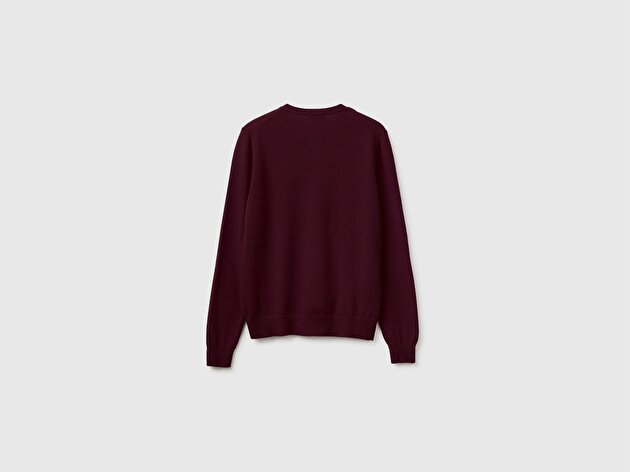Benetton Kadın Mürdüm %100 Merino Bisiklet Yaka  Hırka