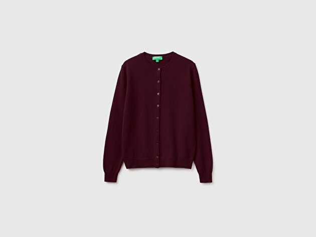 Benetton Kadın Mürdüm %100 Merino Bisiklet Yaka  Hırka