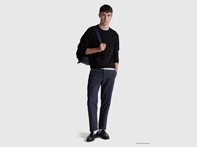 Benetton Erkek Siyah %100 Merino Bisiklet Yaka  Kazak