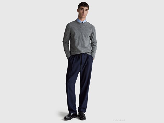 Benetton Erkek Antrasit Melanj %100 Merino Bisiklet Yaka  Kazak