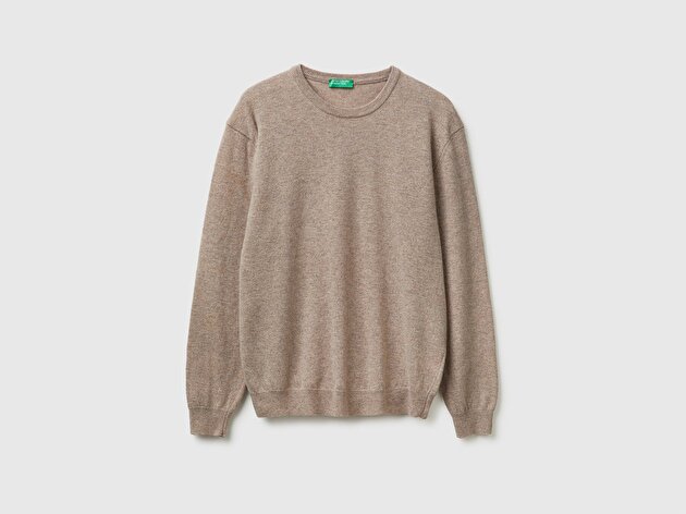 Benetton Erkek Bej Melanj %100 Merino Bisiklet Yaka  Kazak
