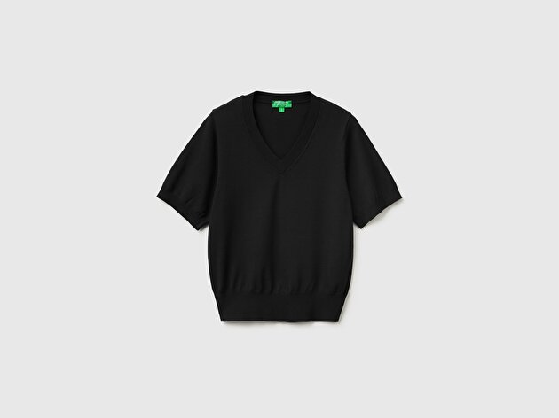 Benetton Kadın Siyah Viskoz Karışımlı Comfort Fit Ribanalı Kısa Kollu V Yaka Kazak