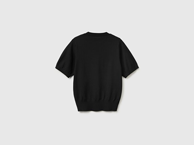 Benetton Kadın Siyah Viskoz Karışımlı Comfort Fit Ribanalı Kısa Kollu V Yaka Kazak
