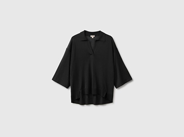 Benetton Kadın Siyah Viskoz Karışımlı Oversize Ribanalı Polo Yaka Kazak