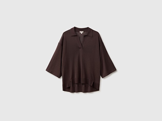 Benetton Kadın Koyu Kahverengi Viskoz Karışımlı Oversize Ribanalı Polo Yaka Kazak