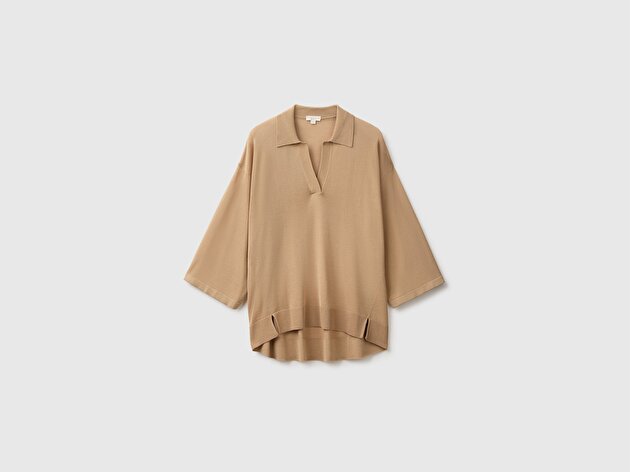 Benetton Kadın Bej Viskoz Karışımlı Oversize Ribanalı Polo Yaka Kazak