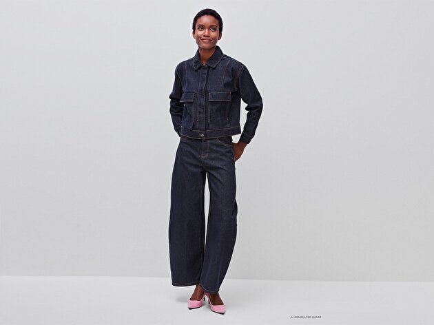 Benetton Kadın Koyu Mavi  %100 Pamuk Regular Fit Cepli Denim Mont