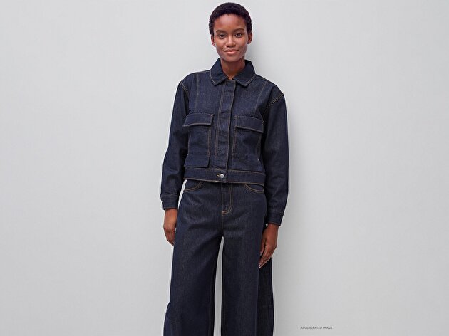 Benetton Kadın Koyu Mavi  %100 Pamuk Regular Fit Cepli Denim Mont