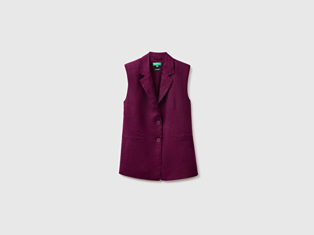Benetton Kadın Koyu Mor %100 Keten Cepli Düğmeli Yelek