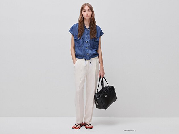 Benetton Kadın Açık Mavi Tencel Denim Büzgü Detaylı Gömlek Yaka Yelek