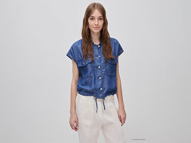 Benetton Kadın Açık Mavi Tencel Denim Büzgü Detaylı Gömlek Yaka Yelek
