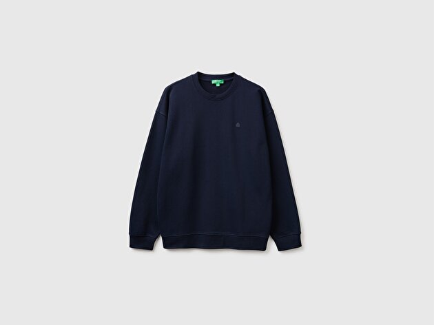 Benetton Erkek Lacivert %100 Pamuk Önü Logo İşlemeli Bisiklet Yaka Sweatshirt