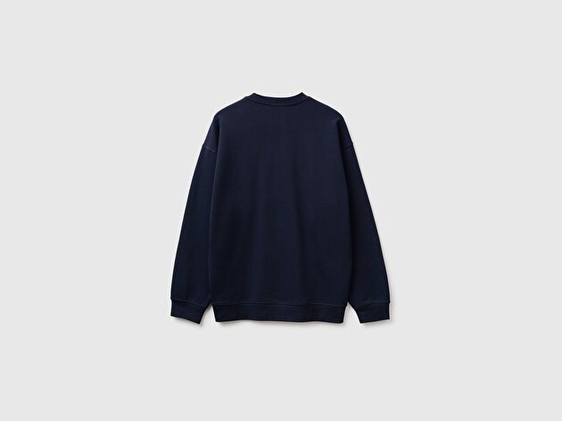 Benetton Erkek Lacivert %100 Pamuk Önü Logo İşlemeli Bisiklet Yaka Sweatshirt