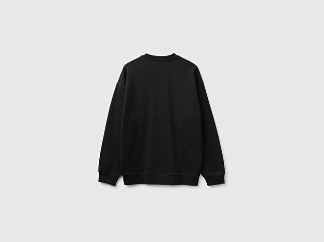 Benetton Erkek Siyah %100 Pamuk Önü Logo İşlemeli Bisiklet Yaka Sweatshirt