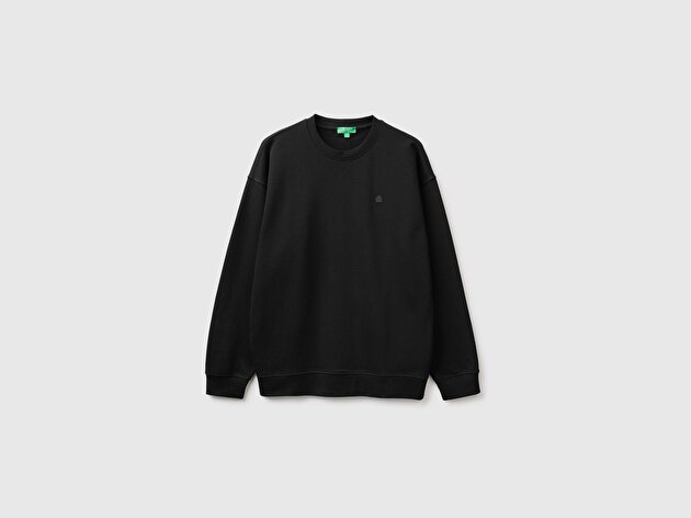 Benetton Erkek Siyah %100 Pamuk Önü Logo İşlemeli Bisiklet Yaka Sweatshirt